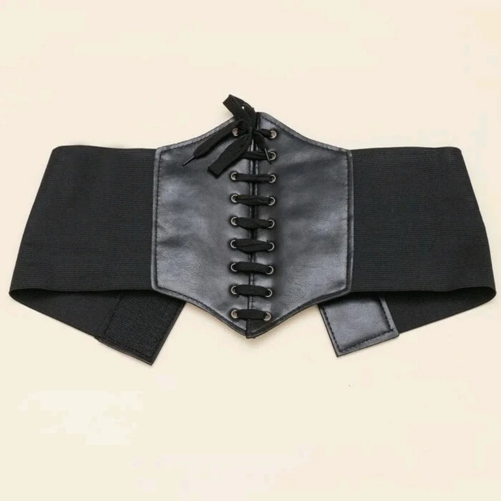 Black Lace Up Corset Wide Waist Belt L Faux Leather Stretch Cincher accessory